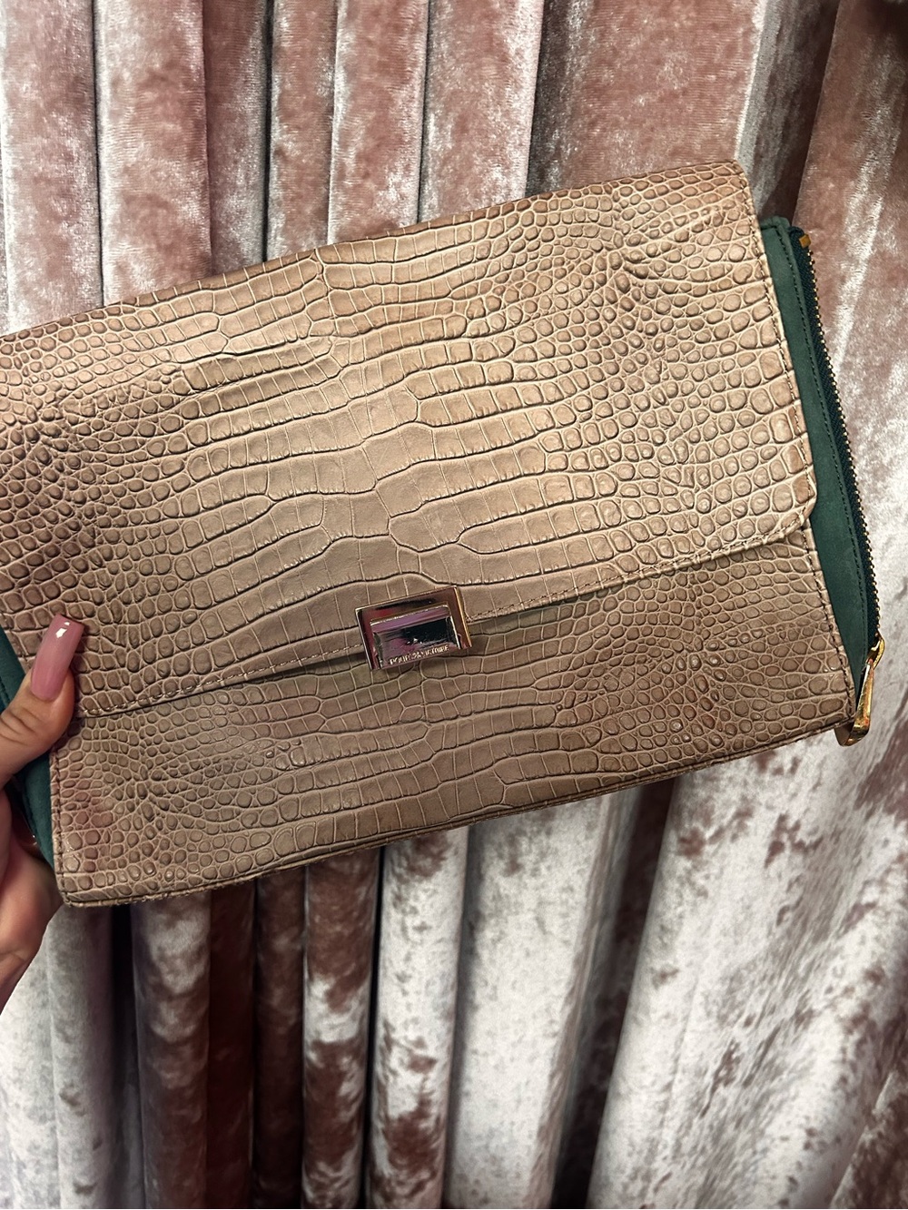 Taupe Croc-Embossed Fold-Over Clutch with Green Suede Trim